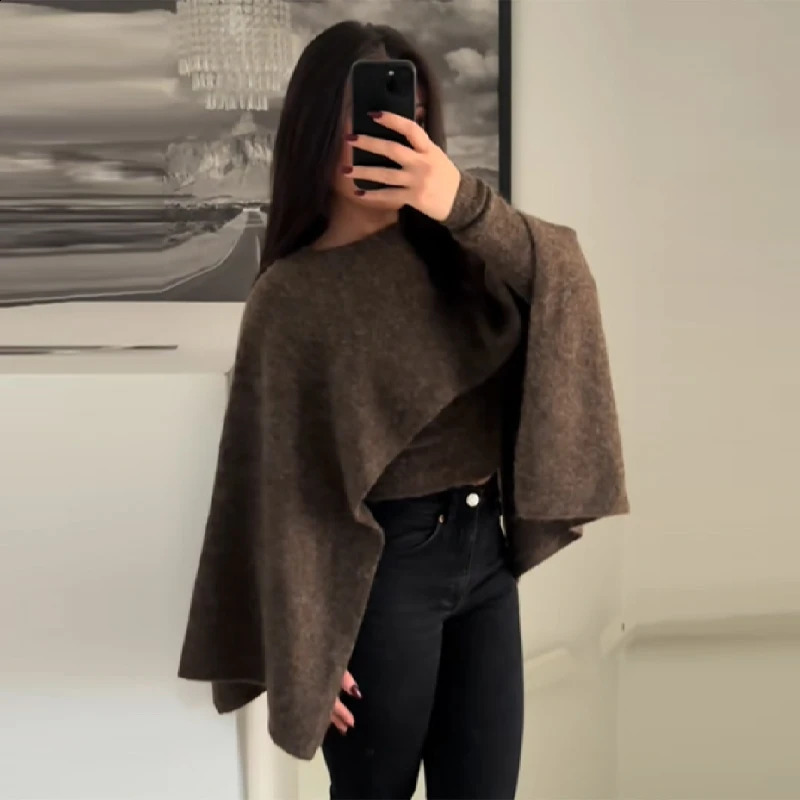 Chic Casual Knitwear Lady Fashion Elegant Modest Classic Versatile Simple Cape Tops Party Trendy Autumn Female Knitted Sweaters 261014