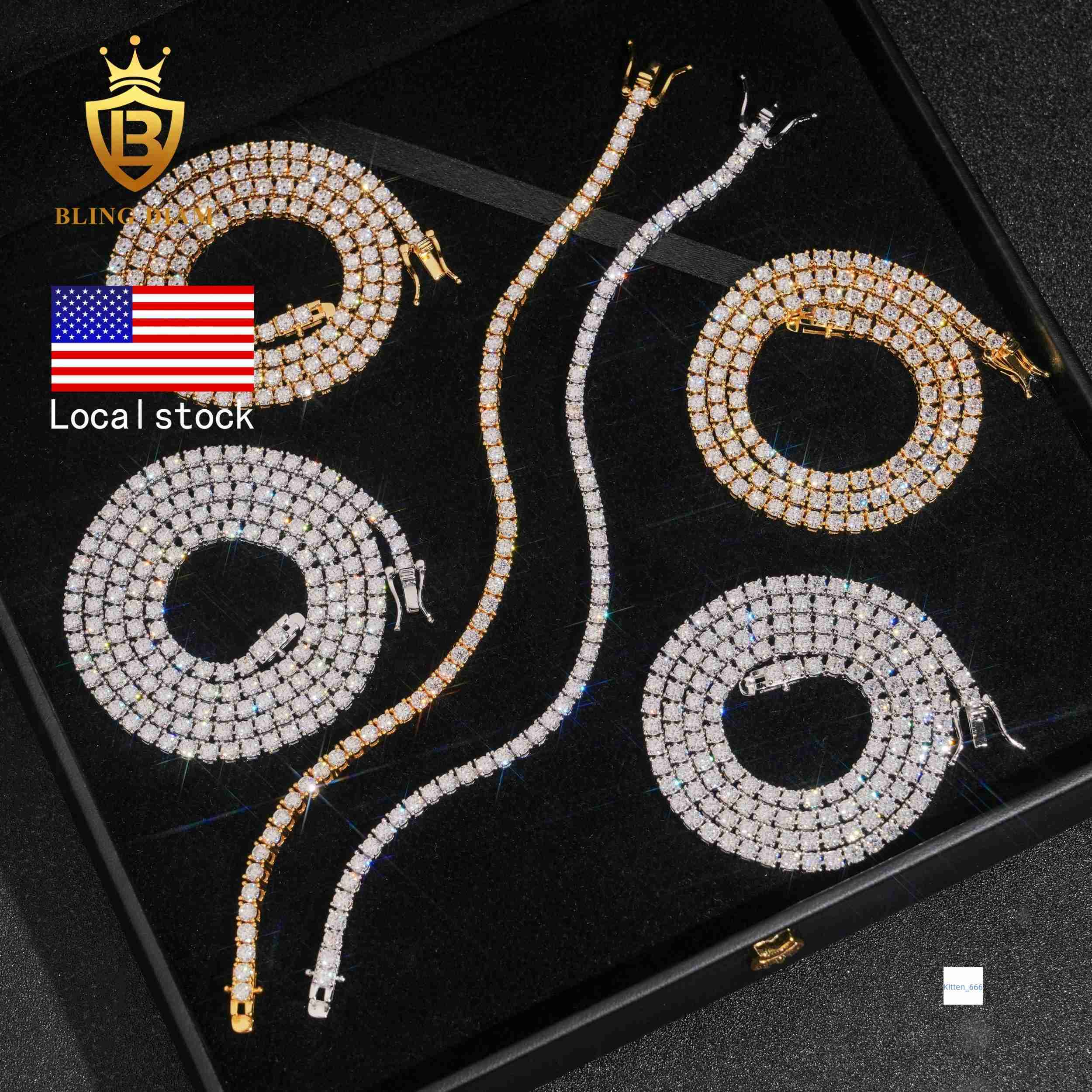 2mm 3mm 4mm VVS Moissanite Tennis Chain Bracelet 925 Sterling Silver Pass Diamond Test GRA Hip Hop US Stock Men Women USA Stock