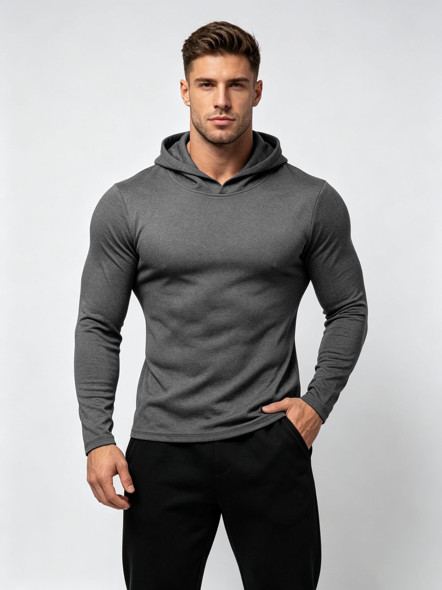 New lightweight athletic hoodie with long sleeves, solid color, elastic fabric, suitable running, workouts, and training, quick-drying top for men