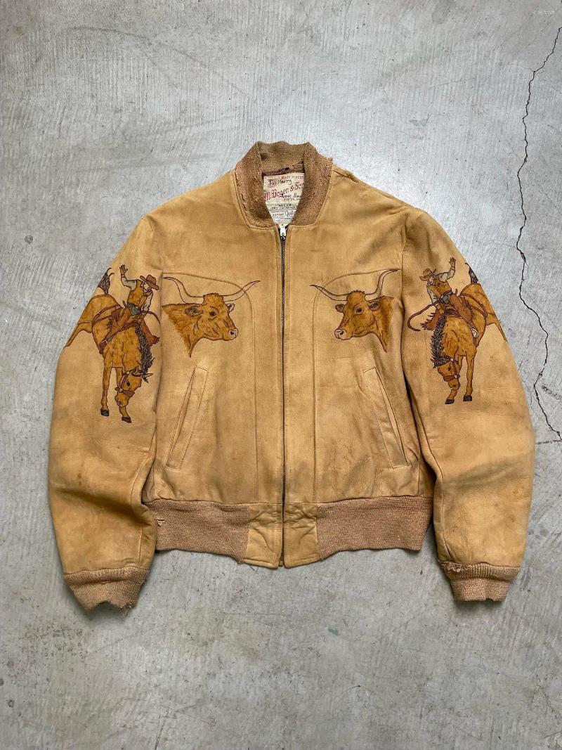 Vintage Western Cowboy Embroidered Suede Bomber Jacket for Men, Retro Longhorn Cow Head Horse Rider Pattern Loose Fit Zip Up Streetwear Harajuku Hip