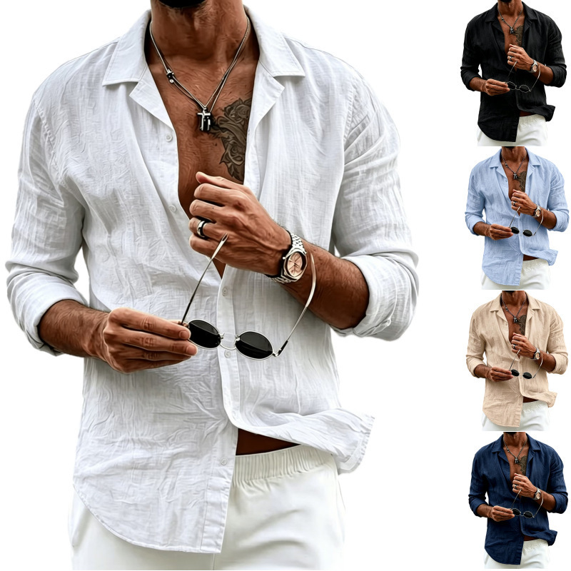 Cuban Collar Linen Washed Crinkled Long-Sleeve Shirt, Loose Casual Textured Cardigan, Foreign Trade Men's Apparel Supply