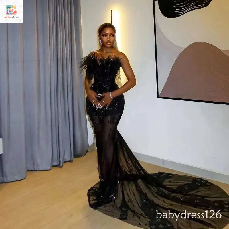 Black Evening Dresses For Women Feathers Beading Nigerian Mermaid Party Gowns Strapless African Prom Dress Customized Zd19 Mb019