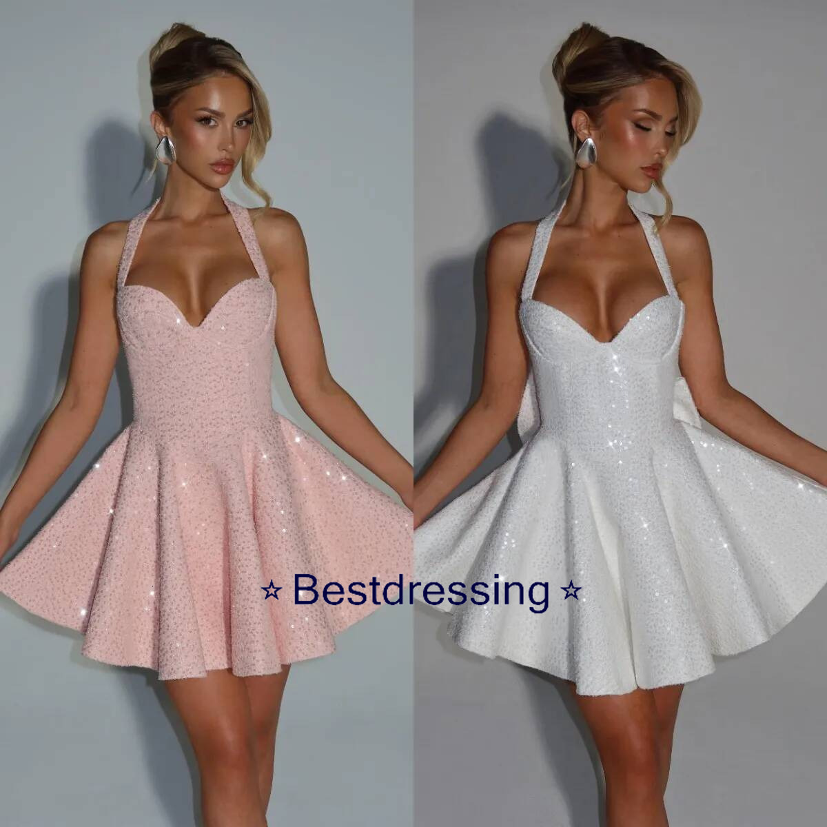 Short A Line Homecoming Dresses Halter Sequins Crystal With Detachable Bow Graduation Party Gowns Women Cocktail Prom Dress Customized Bd017