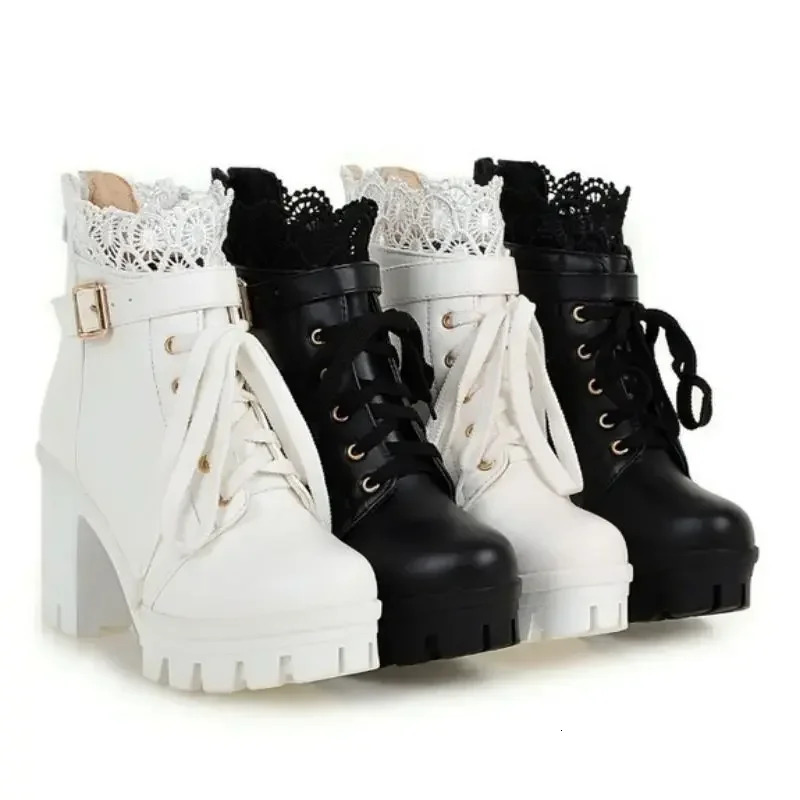 2024 Great Quality Block High Heels Women Ankle Boots White Shoes Lace Decor Lace Up Chunky Heeled Fashion Platform Boots Verclo 261019