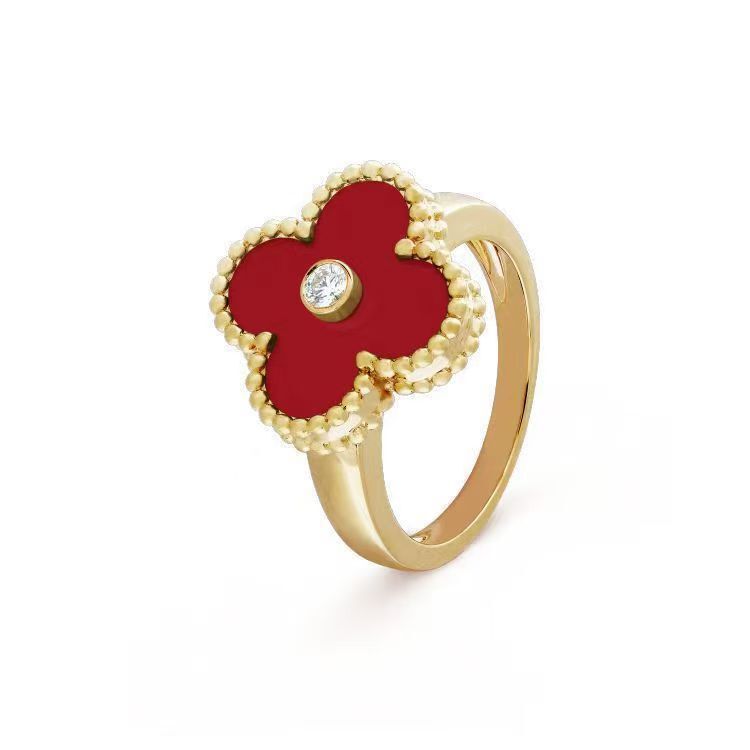 designer ring for women Gold Four-Leaf Peacock V Diamond Ring With White Mother-Of-Pearl Red Agate Black Onyx Clover vanlies cleef ring