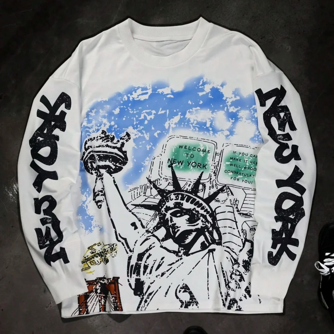 Men's Summer T-Shirt Vintage Graffiti Print Crew Neck Long Sleeve Loose Streetwear Tee Retro Art Casual Hip Hop Fashion Top 261014