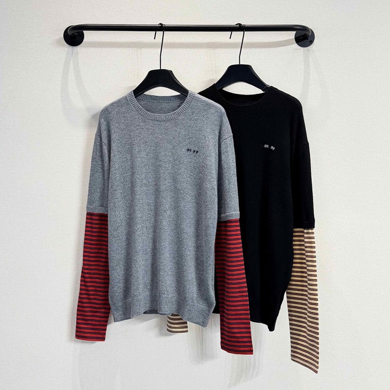 Crew Neck Knit Pullover Designer Women Fake Two Piece Striped Casual Shirts Autumn Winter Preppy Style Y2K Long Sleeve Tees