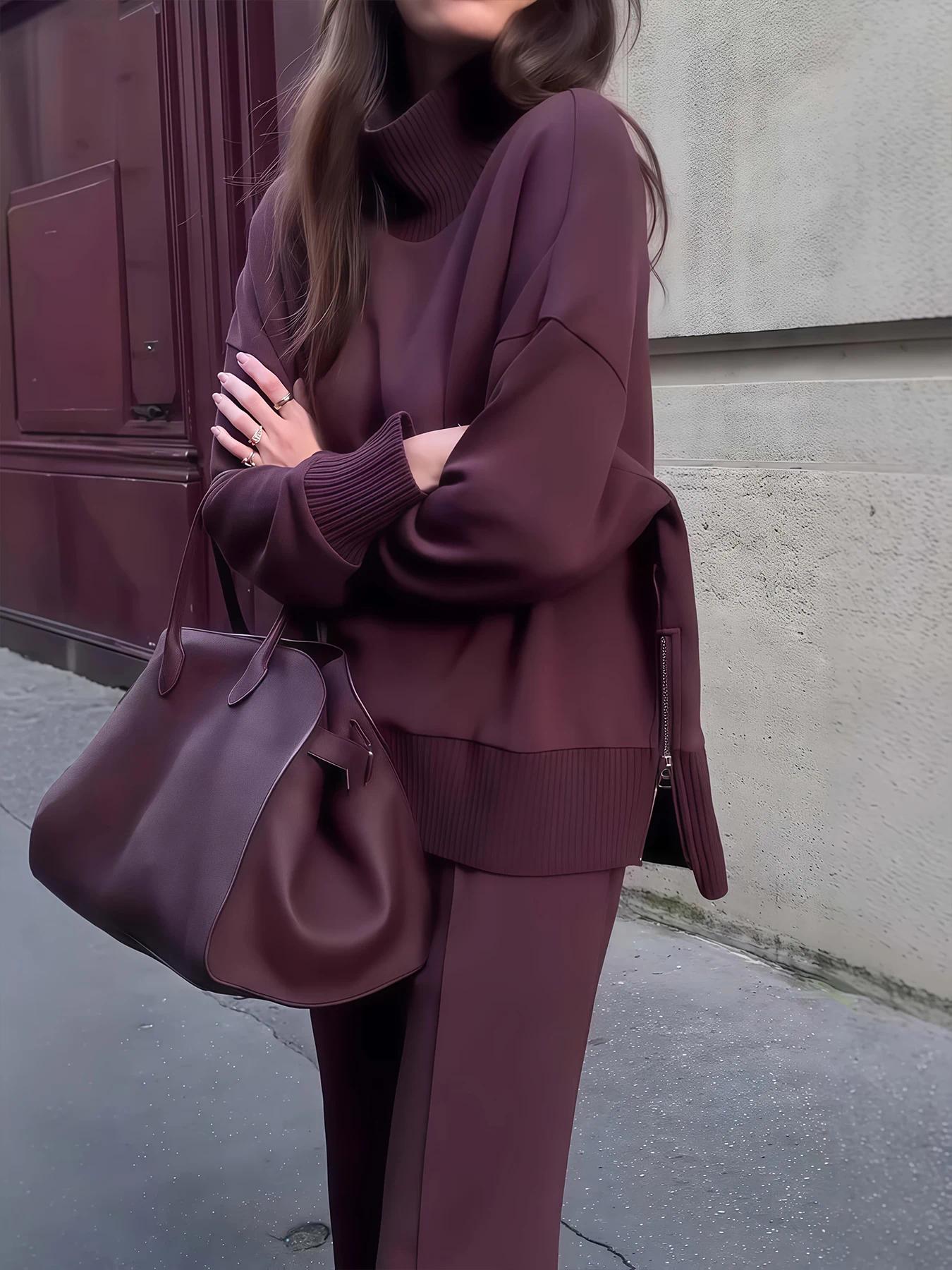2026 New Women's Solid Color Plus Velvet Two-piece Suit, Long-sleeved High-neck Side Slit Zipper Sweatshirt and Wide-leg Pants, Winter Clothes