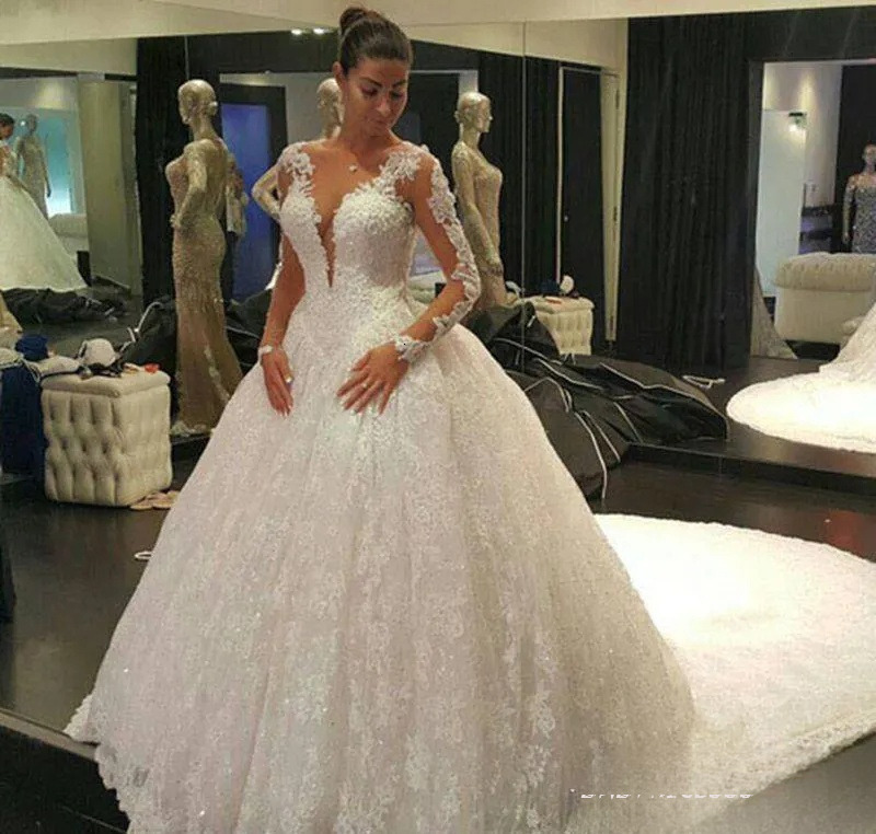 Princess Sheer Long Sleeves Wedding Dress Ball Lace Appliques Church Formal Bride Bridal Gown Plus Size Custom Made