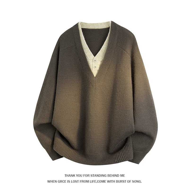 Autumn Winter Men Fake 2026 Two Piece V Neck Knit Sweater Fashion Loose Pullover Casual Long Slve Tops M261016