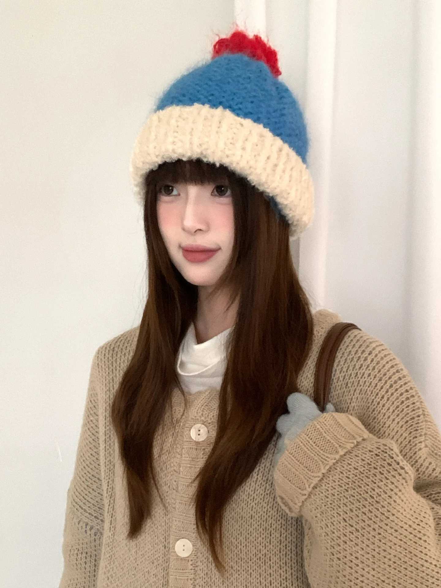 Beanie/Skull Caps Japanese-Style Cute Color-Blocked Knitted Hat For Girls Winter Warm Woolen Hat Cold-Proof Ear-Covering Hooded Hat Q261017