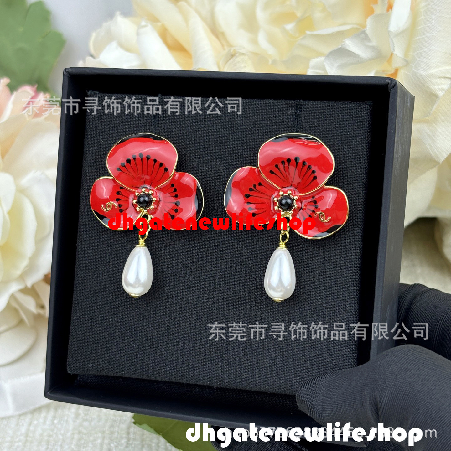 designer cc jewelry earrings Red Black Enamel Orchid Flower Pearl Pendant Earrings Niche Lightweight Jewelry channel earrings