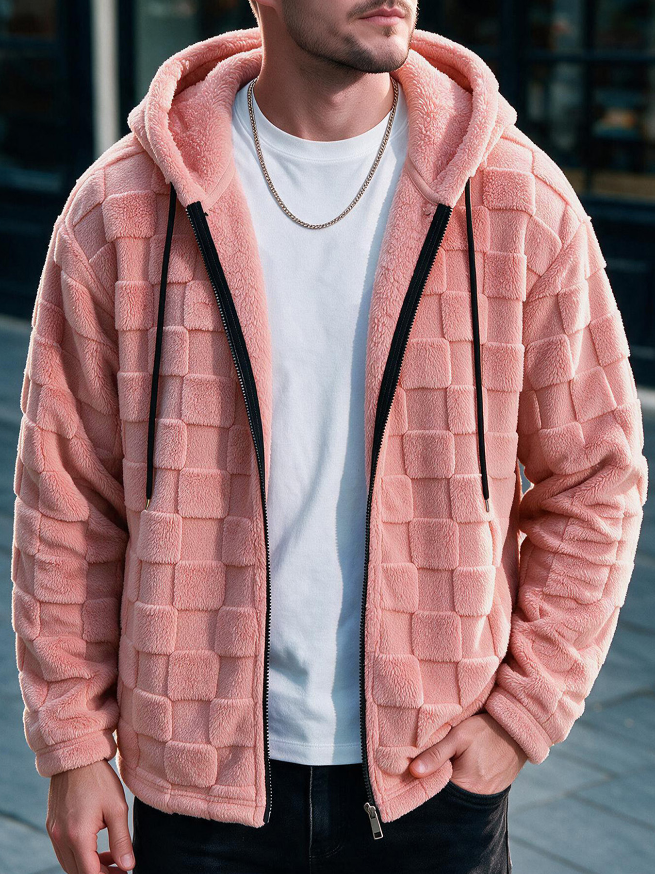 Fashion Pink Black 2026 European and American Winter Men New Thickened Fleece Hooded Sweatshirt Trendy Casual Top Couple Zipper Jacket