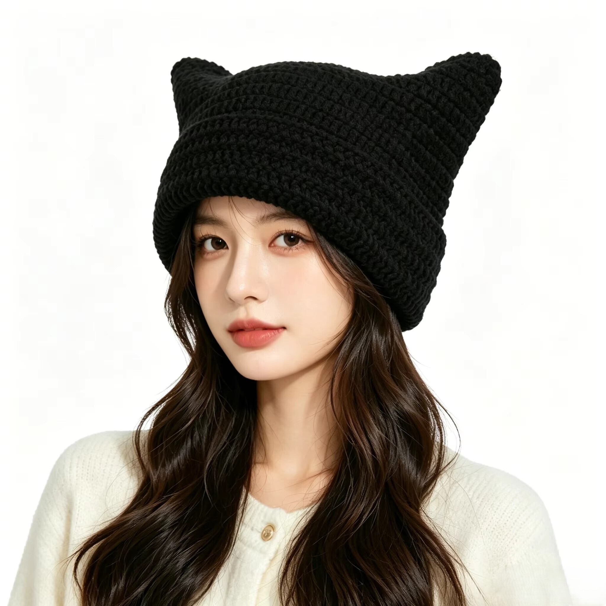 Cute Cat Ears Beanie Hats for Women Winter Striped Korean Punk Gothic Y2K Wool Knitted Streetwear Handmade Crochet Bucket Cap J260511