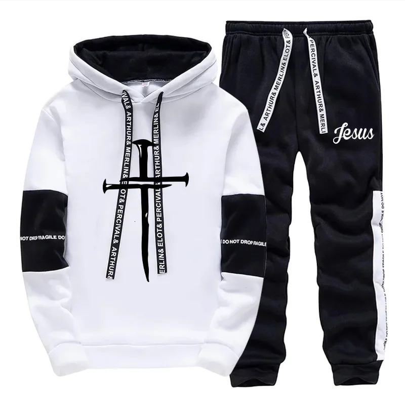 Jesus Cross Printed Hoodie 2026 Trendy Mens Sweatshirt Jogger Set Winter Autumn Casual Sportswear Urban Streetwear Hooded Outfit 261019