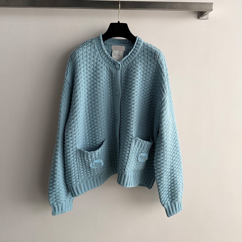 Designer Women Elegant Knitted Jackets Blue Round Neck Loose Vintage Warm Sweaters Autumn Winter Streetwear Y2K Style Casual Overcoat
