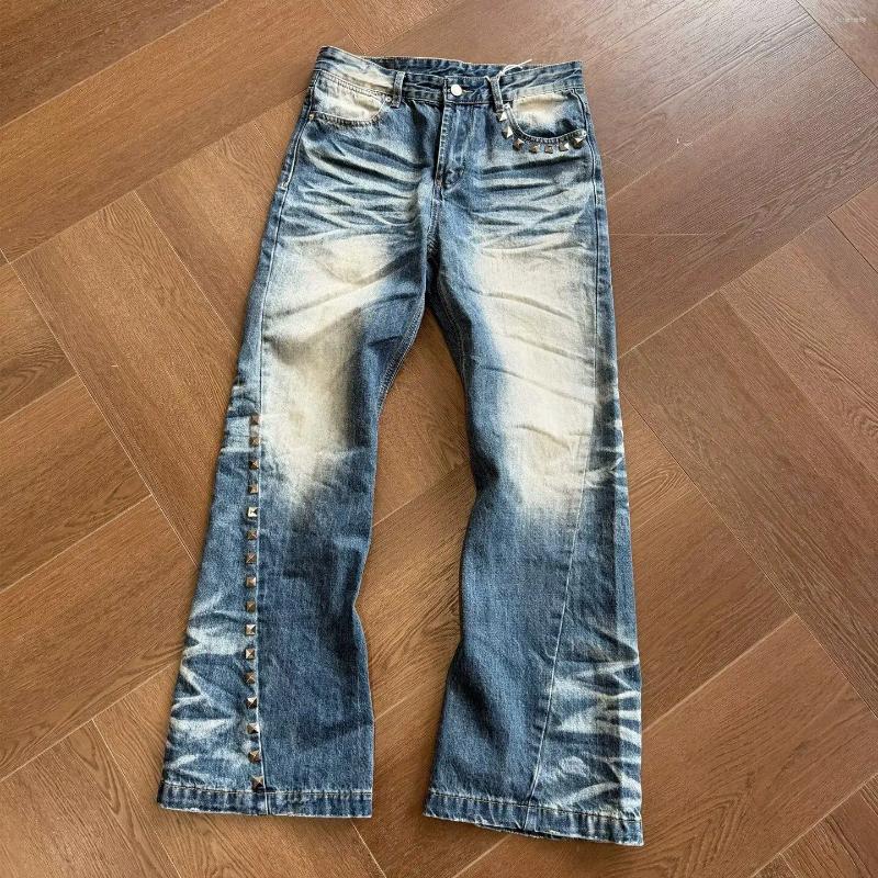 Vintage Washed Rivet Denim Jeans For Men 2026 Autumn American Casual Fashion High Street Male Blue Retro Pants