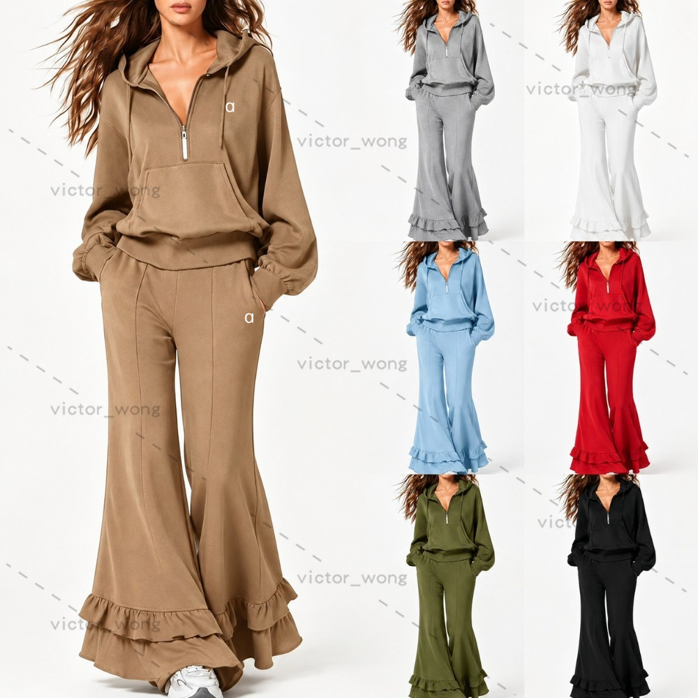 26FC30 Designer Women's Clothing Casual Hooded Half-zipper Sweater Set Ruffle Edge Flared Pants Two Piece Tracksuit Set Women