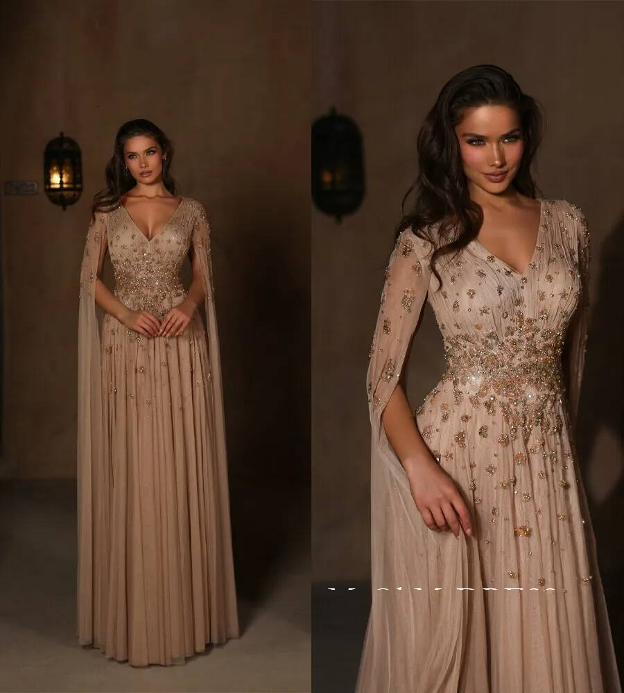 Elegant A Line Evening Dresses Beaded Rhinestones Floor Length Dress Cape Sleeves Formal Women Party Gowns Customized Y016
