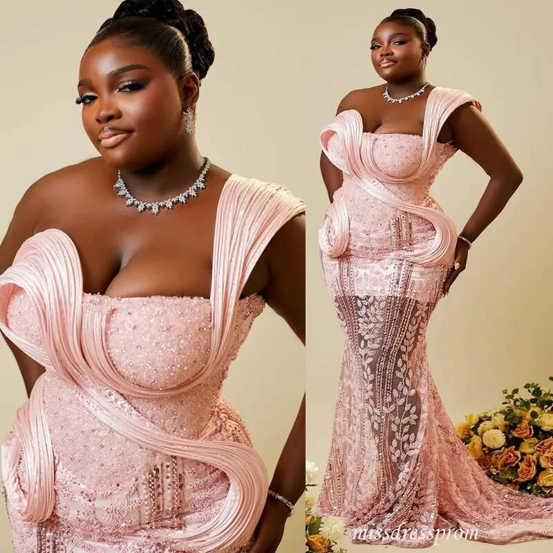 Plus Size Pink Dress Mermaid Evening Formal One Shoulder Prom Dresses Flora Illusion Beaded Lace Crystals Birthday Second Reception Gown Am3570