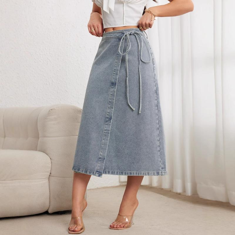 Designer Light Blue Denim Midi Wrap Skirt With Side Slit Tie Closure Loose Fit Vintage Women Casual Daily Wear
