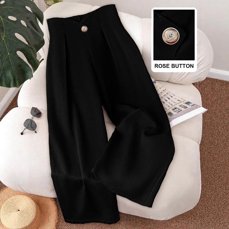 Pantalon taille haute à jambes larges pour femmes, ceinture asymétrique avec bouton Rose décoratif, taille élastique au dos, pantalon Long droit