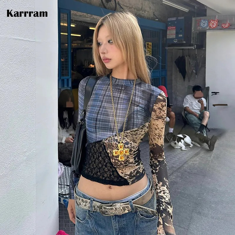 Karrram Japanese Y2k Patchwork Mesh Tops Trashy 2000s Lace Sheer Top Grunge Aesthetics Irregular T-shirt Vintage Harajuku Korean 261015
