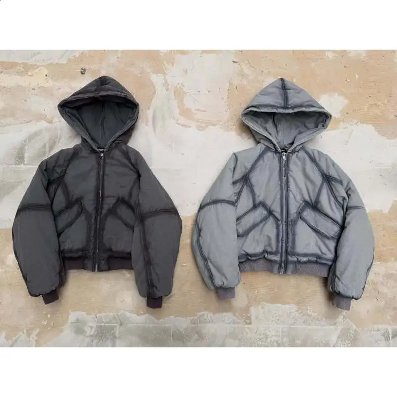 Vintage Washed Distressed Hooded Bomber Puffer Jacket Men Women Geometric Stitch Cropped Quilted Winter Coat 261014