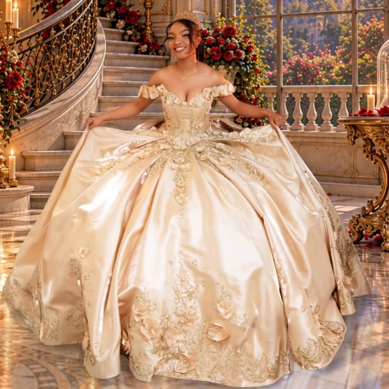 Satin Champagne Quinceanera Dresses Off Shoulder Ball Gown Sweet 16 Dress Applique Lace Beading Crystal Bow Tull Long Tail Party Birthday vestidos 1