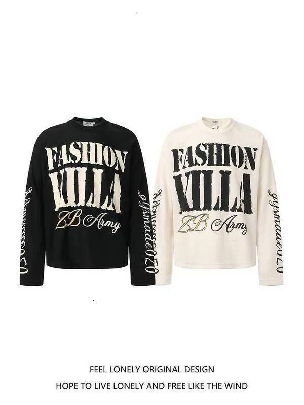 street style, pure cotton, retro letter print, long-sleeve T-shirt, unisex, autumn collection, loose-fitting, stylish top with a high-end