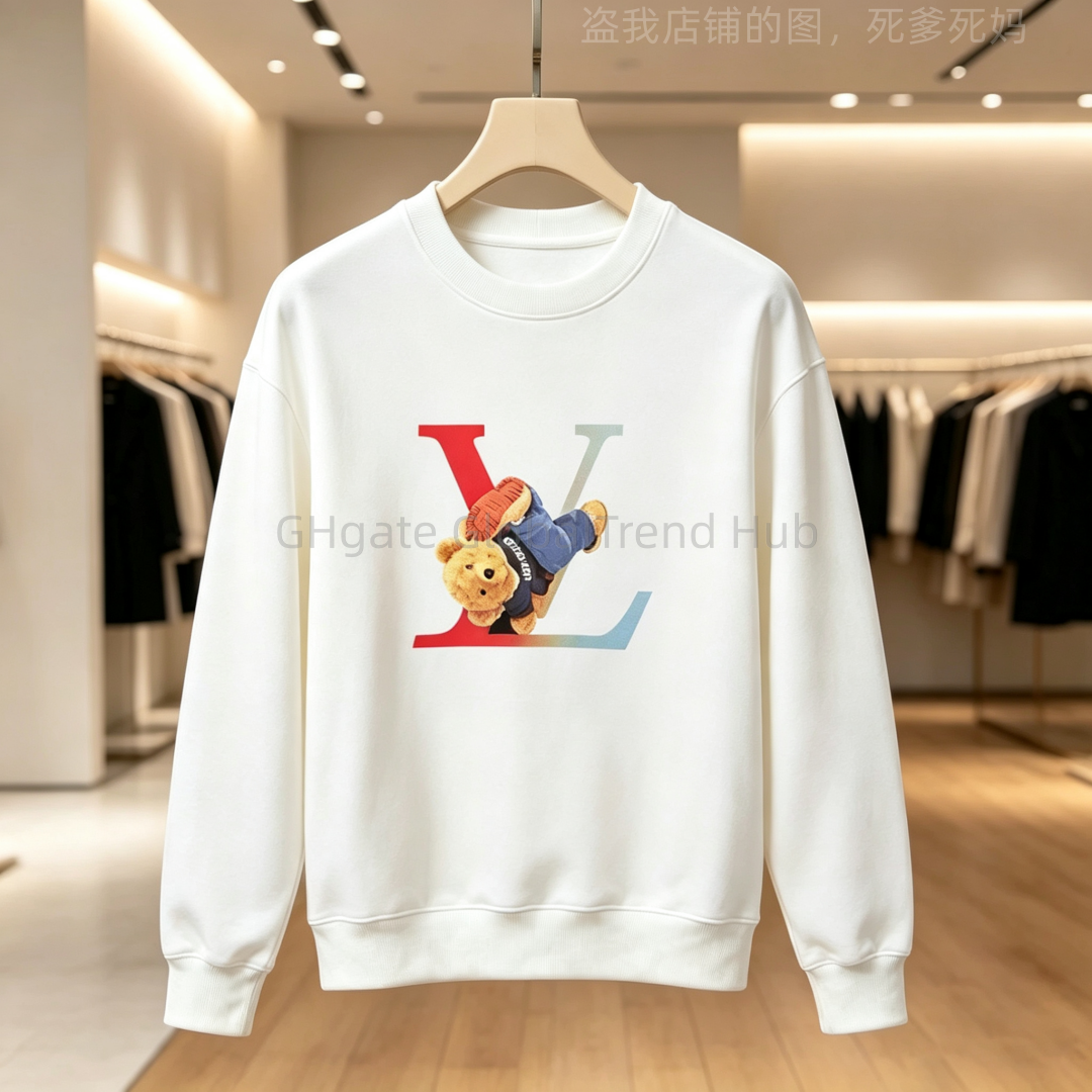 Mens Fashion Sweatshirt Crewneck Pullover Tops Casual Loose Fit Cute Teddy Bear Print Streetwear Clothing 10 Colors for Vacation Holiday