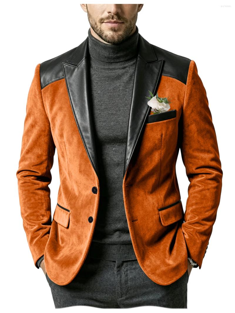 Men's Velvet Blazer With Faux Leather Lapel Slim Fit Jacket Two Button Sport Coat Vintage Suit For Dinner Party