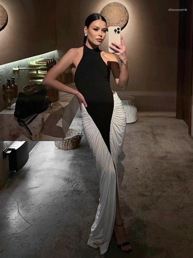 Cross-Border Black And White Color Matching Sleeveless Pleated Hip-Hugging Fishtail Dress Simple Fashion Party Vacation