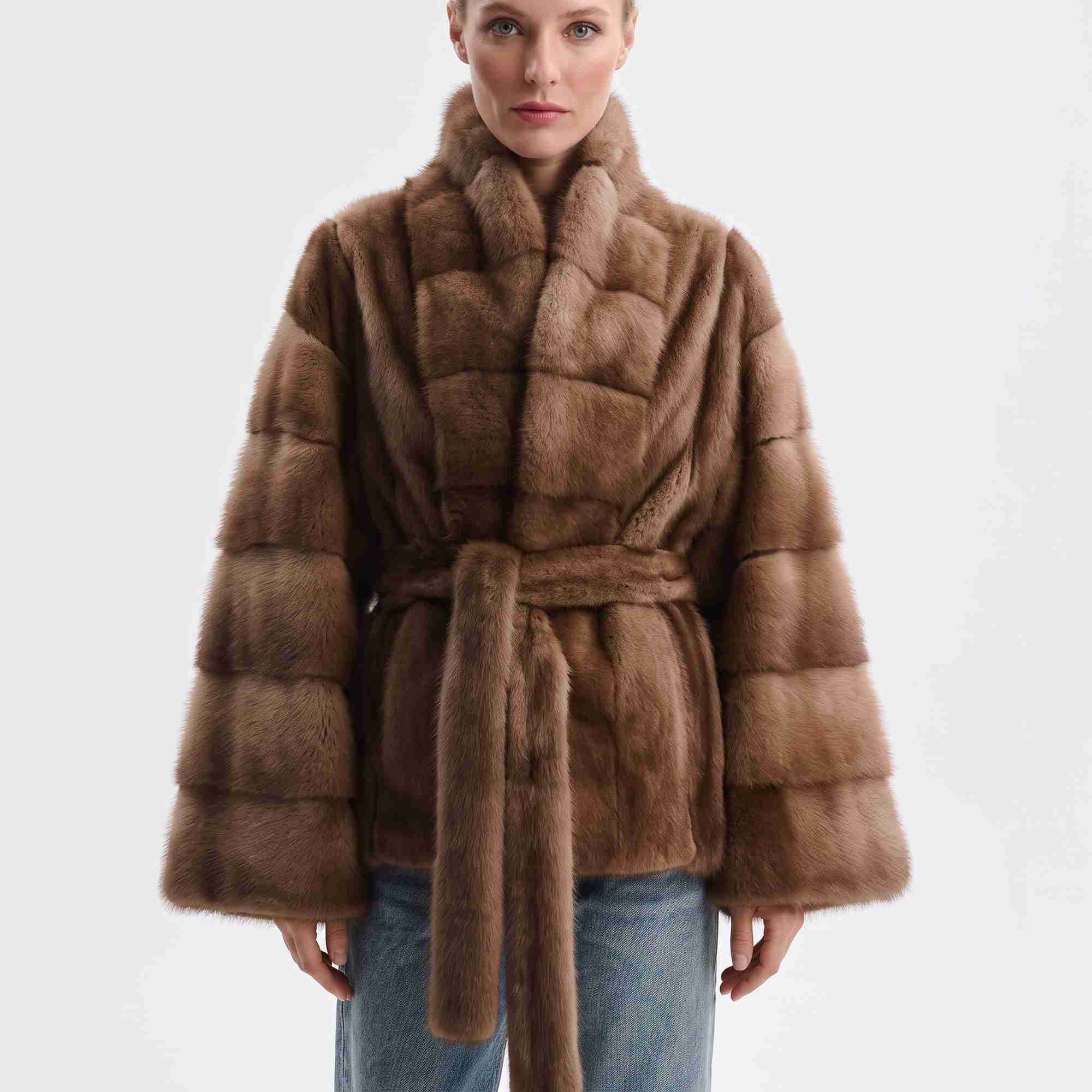 2026 IG Women Stand Collar Belted Waist Mink Fur Jacket Loose Long Slve Elegant Winter Party Outer Coat S261016J7MQ