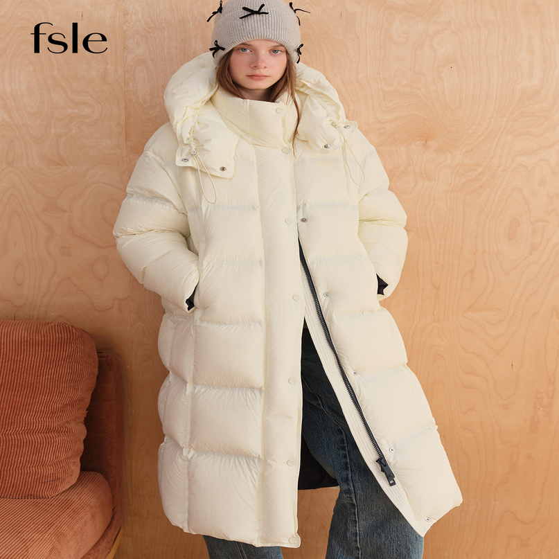FSLE Winter Womens Long Puffer Down Coat with Hood TwoTone Color Block Thermal Insulated Jacket Heavy Warm Outerwear 260923