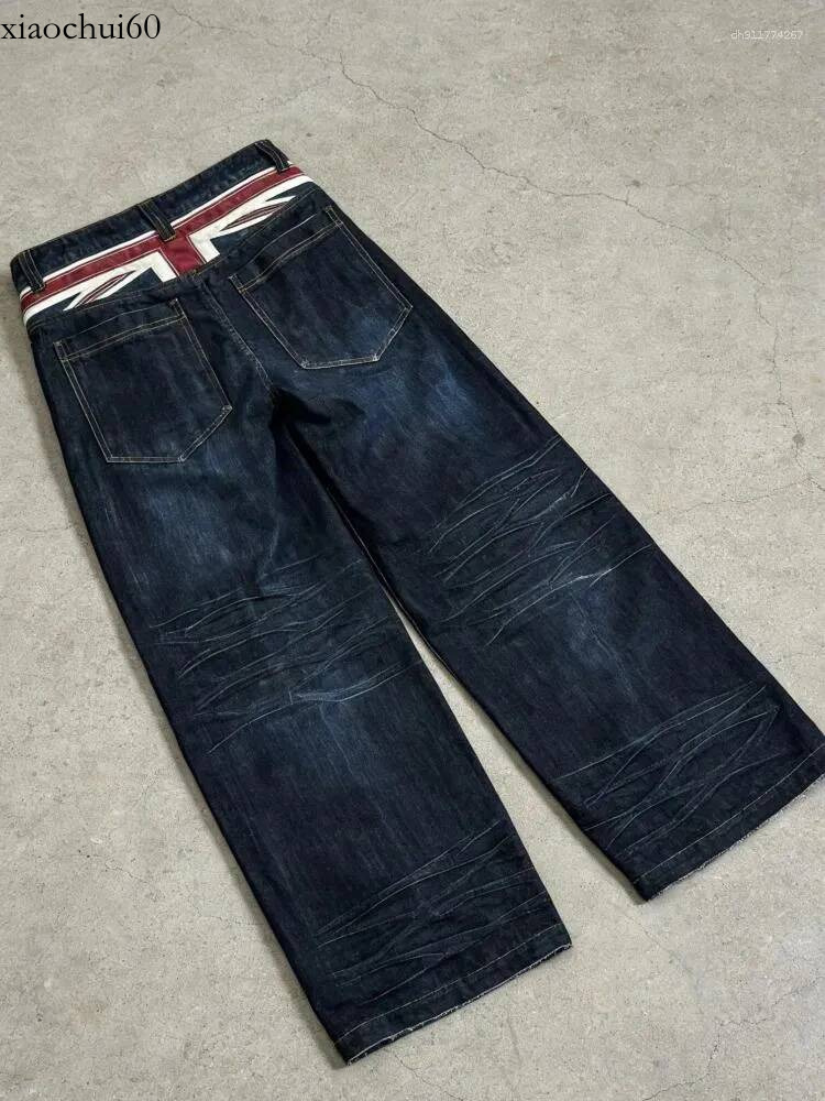 Men's Jeans Union Jack Waistband Wide Leg Men Dark Blue Oversized Distressed Y2K Casual Denim