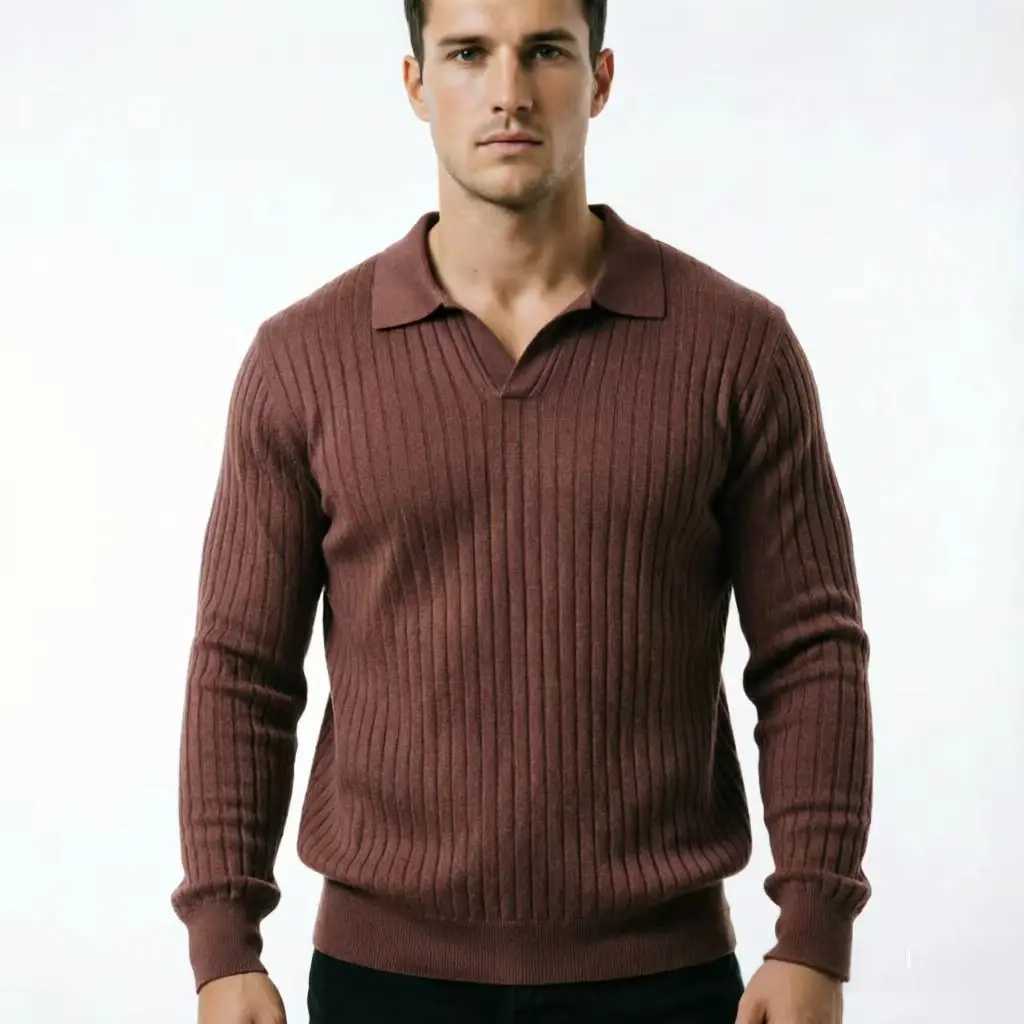 Solid Color Hand Sewn Casual Lapel Knitted Sweater for Men in Autumn Light Mature Commuting Sweater M261016