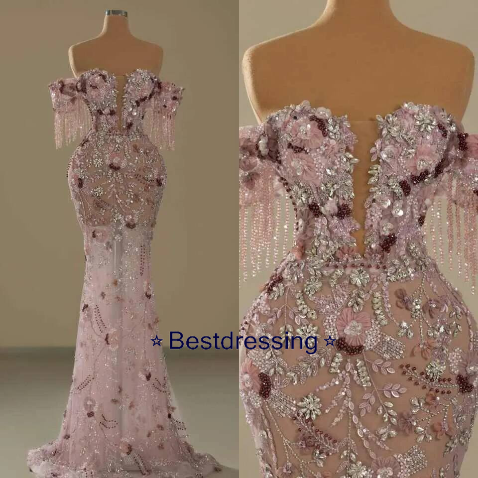 Elegant Mermaid Evening Dress Beads Tassel Crystal Woman Formal Prom Dresses Gala Vestido Noche Customized Bd017