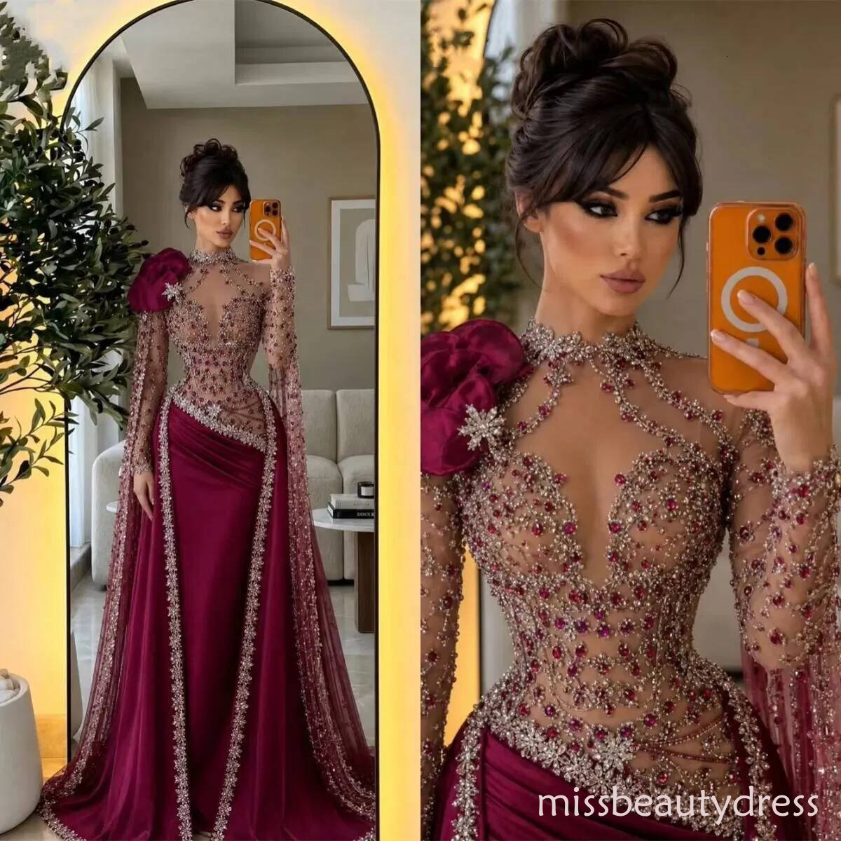 Charming Mermaid Prom Dress Crystal Beaded High Neck Evening Dresses Exquisite Lone Sleeve Floor Length Party Gowns Customized