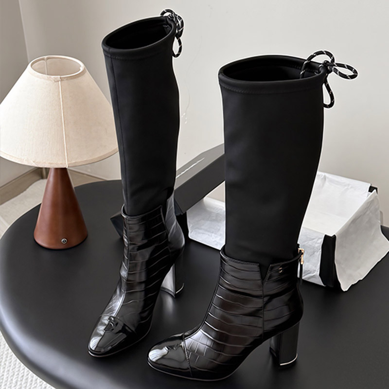 Nylon Splicing Leather Lace Up Boots High Quality Leather Paired Fashion Letter Decoration Heel Fashion Runway Style Womens High Boots