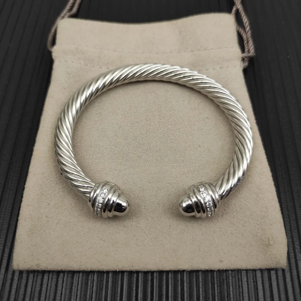 Luxury Designer Thick Open Cuff Bracelet Vintage Twisted Cable Bangle 7mm Pave Crystal CZ Bullet End Bracelet 18K Gold Plated Unisex Stackable Co