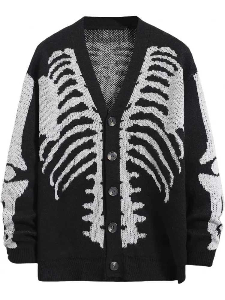 Men's Skeleton Pattern Cardigan Sweaters Gothic Long Sleeve Unisex Outwear Knitted Coats T261019
