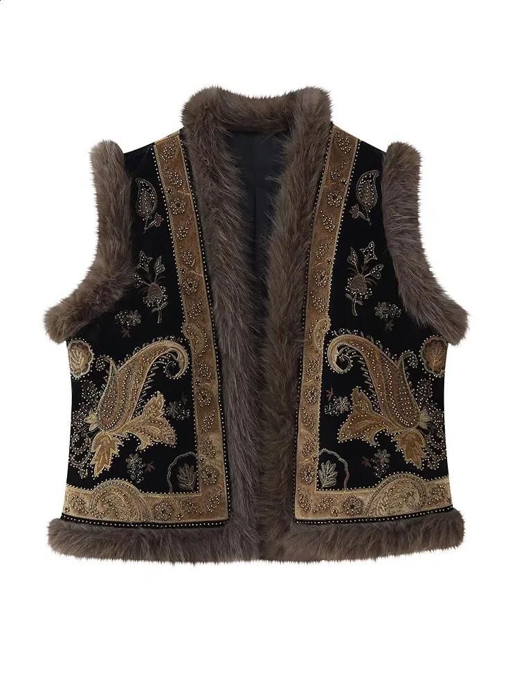 HH 2026 Women Retro Beaded Embroidered Decoration Short Vest Casual Female Fashion Winter Warm Artificial Fur Splicing Vest Coat 261014