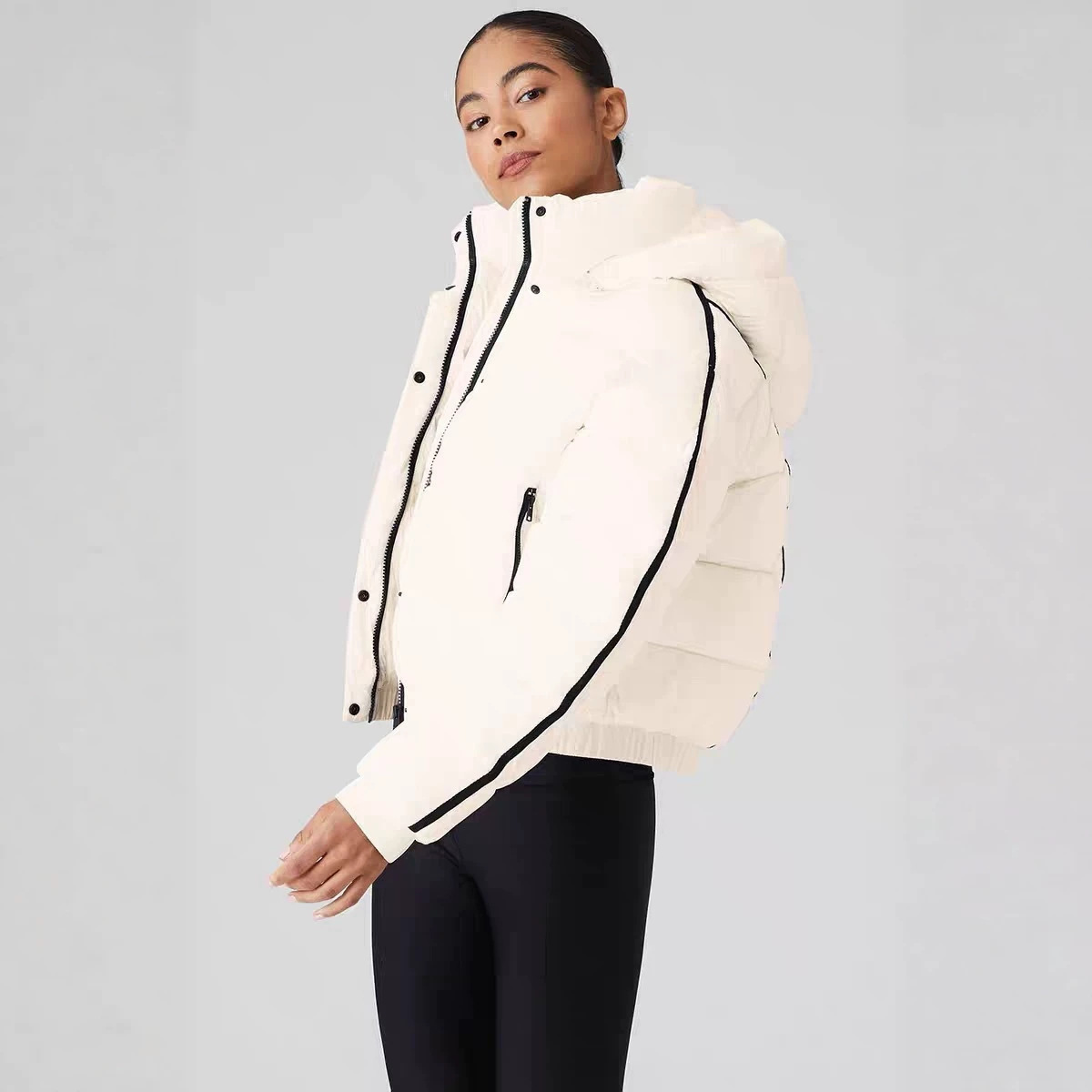 Women Cropped Hooded Down Jacket With Webbing Strap Winter Warm Fashion Casual Simple Versatile Short Puffer Coat For Ladies