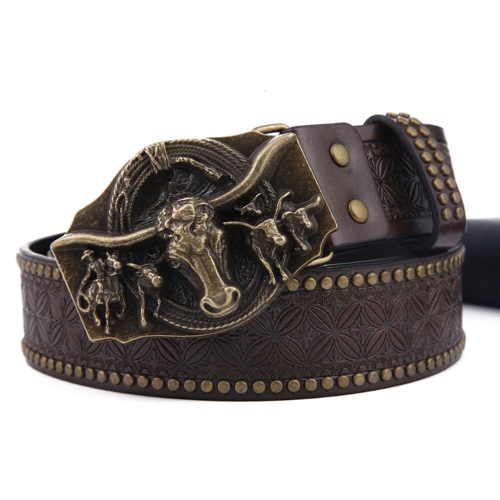 Retro Western Cowboy Men's PU Leather Luxury Design Trendy Brand Ox Head Waistband Business Casual Belt 26Y1019