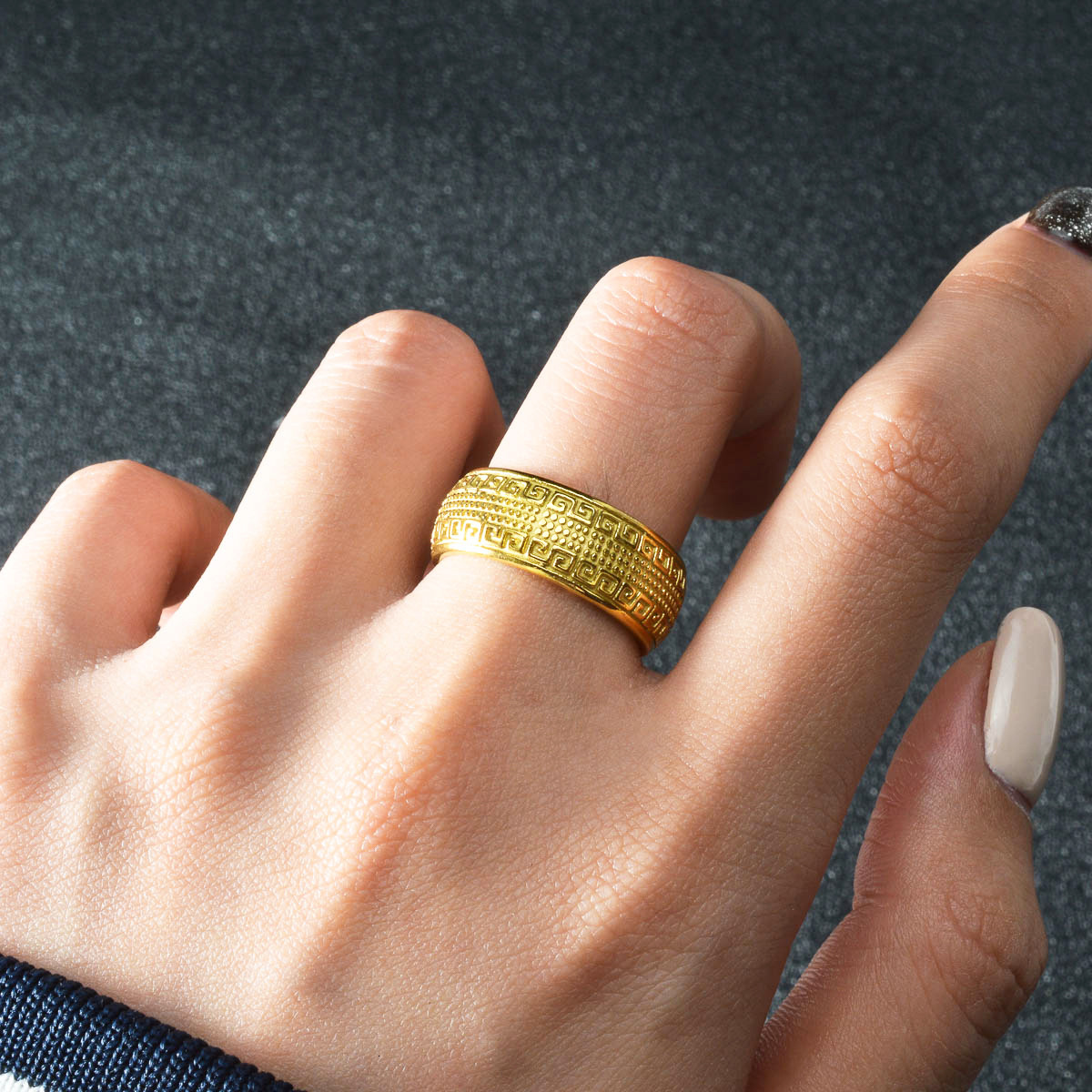 European American retro-style, high-end jewelry with wide band and distinctive character pattern; versatile, adjustable open ring, perfect as a gift