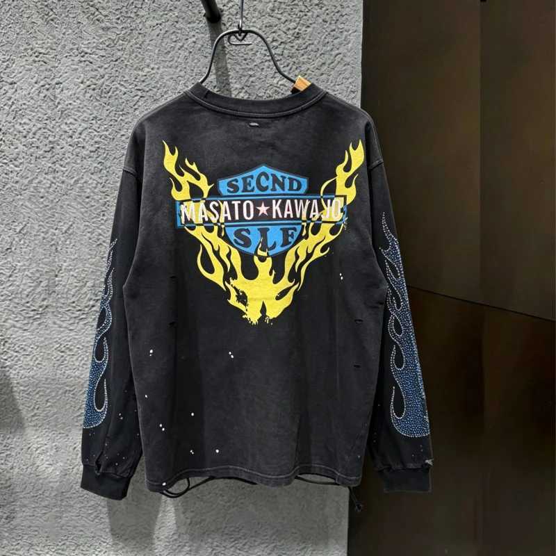 26ss Street SECND SLF Tshirts Vintage Distressed Washed Worn Splashed Ink Hotfix Rhinestone Flame Long Sleeves Men Women Outfit T261019