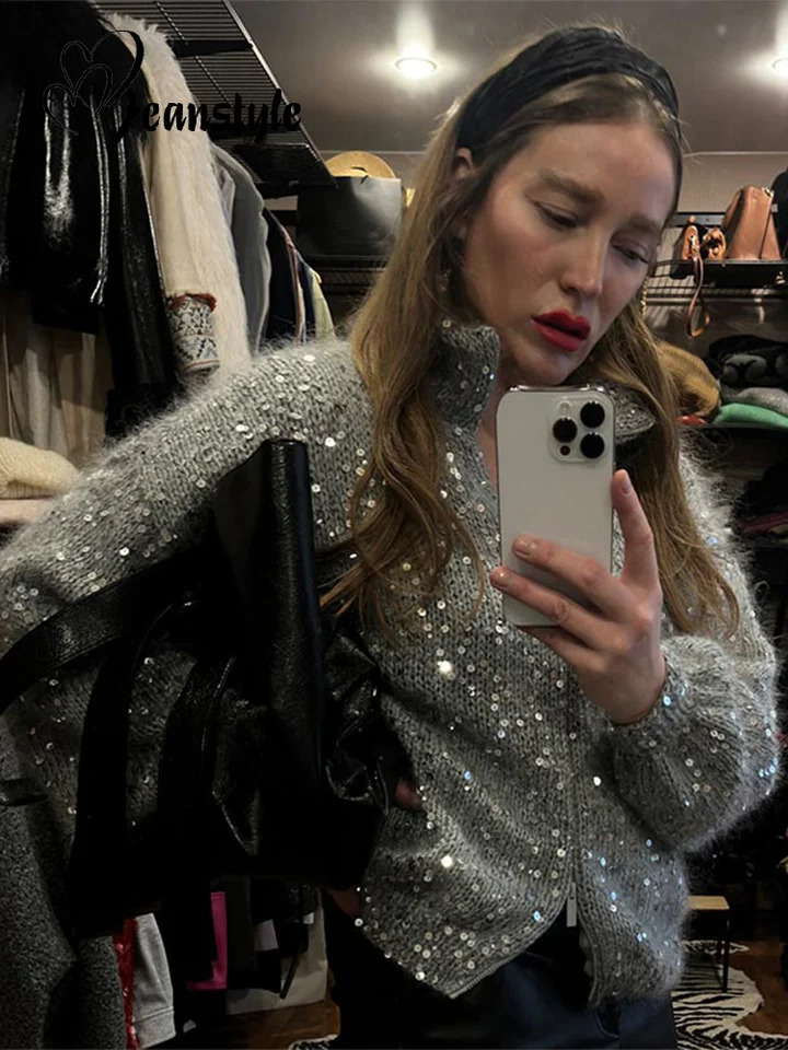Casual Sequin Loose Sweaters Women All Match Full Sleeve Street O-neck Knitted Sweater Female 2026 Fashion Spring Lady Outwears 261014