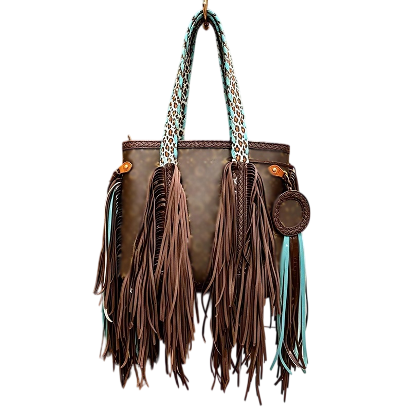Designer Womens Large Capacity Brown Woven Tote Bag With Ethnic Retro Style Waist Rope Tote Bag Multi-Color Tassel Accessories Underarm Shoulder Bag