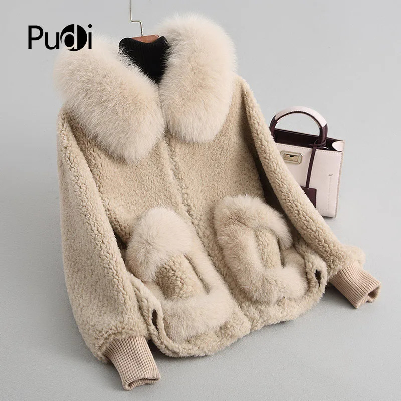 PUDI A18103 Womens Winter Wool Warm Fox Fur Hood Coat Lady Wool Long Coat Jacket Overcoat 261019